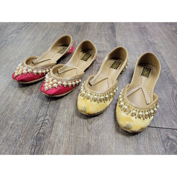Soma Hand Artisan Made Leather Beaded Velour Pakistan Shoes 6 Flats Red Yellow - Picture 1 of 13